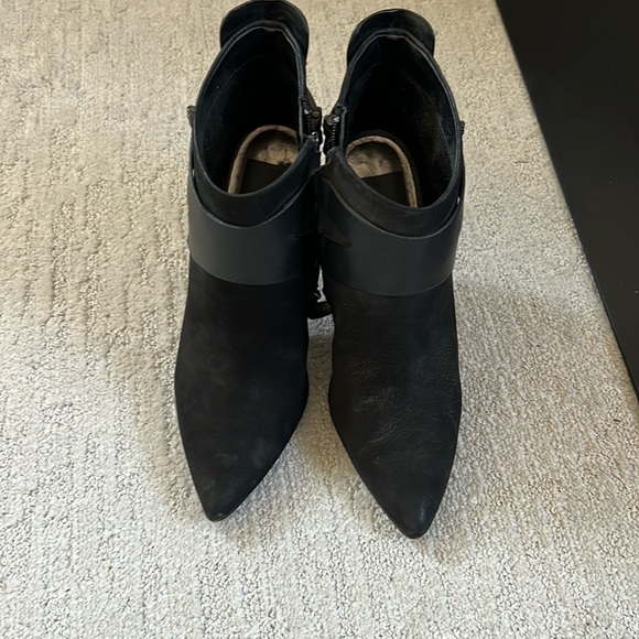 Suede and leather booties with pewter and chrome accents. - Picture 1 of 4